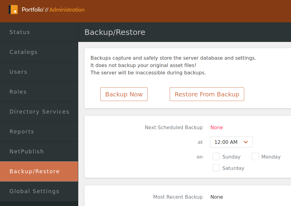 White Oak Security navigated to the Backup functionality within the Administrative portal and chose ‘Restore From Backup’.