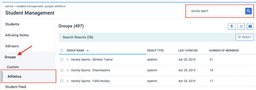 Find Athletics groups under Groups