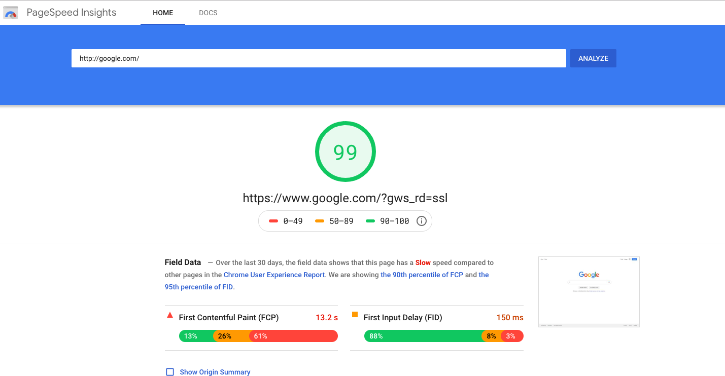 Google.com's score at 99% on Google PageSpeed Insights.