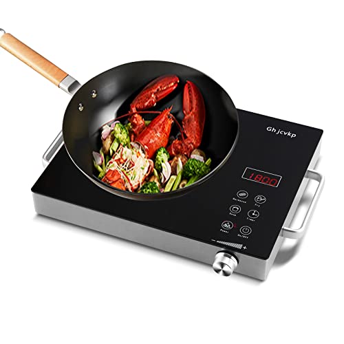 Ghjcvkp Portable Ceramic Cooktop, 1800W Electric Single Hot Plate for Cooking with 18 Power Levels, Infrared Countertop Burner with Sensor Touch, 4-hour Timer, Adjustable Knob