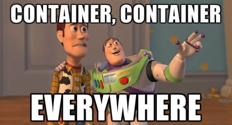 Meme da animação Toy Story com dois brinquedos em primeiro plano, em um quarto. Woody, de roupa de cowboy, está ao lado de Buzz, com traje espacial, que aponta para cima. Por escrito está: “Container, container… everywhere”, dando a ideia de que os contêineres estão em todos os lugares.