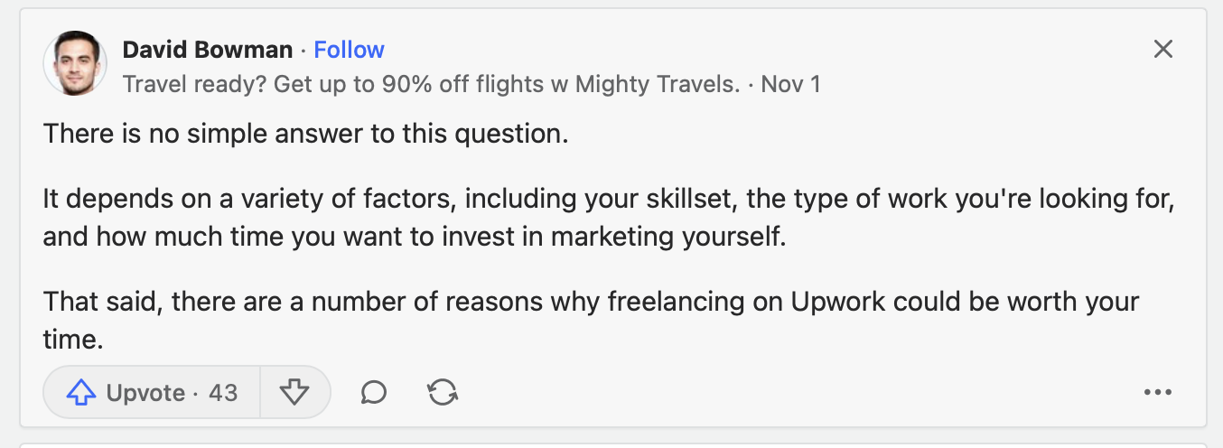 A Upwork review by a freelancer on Quora