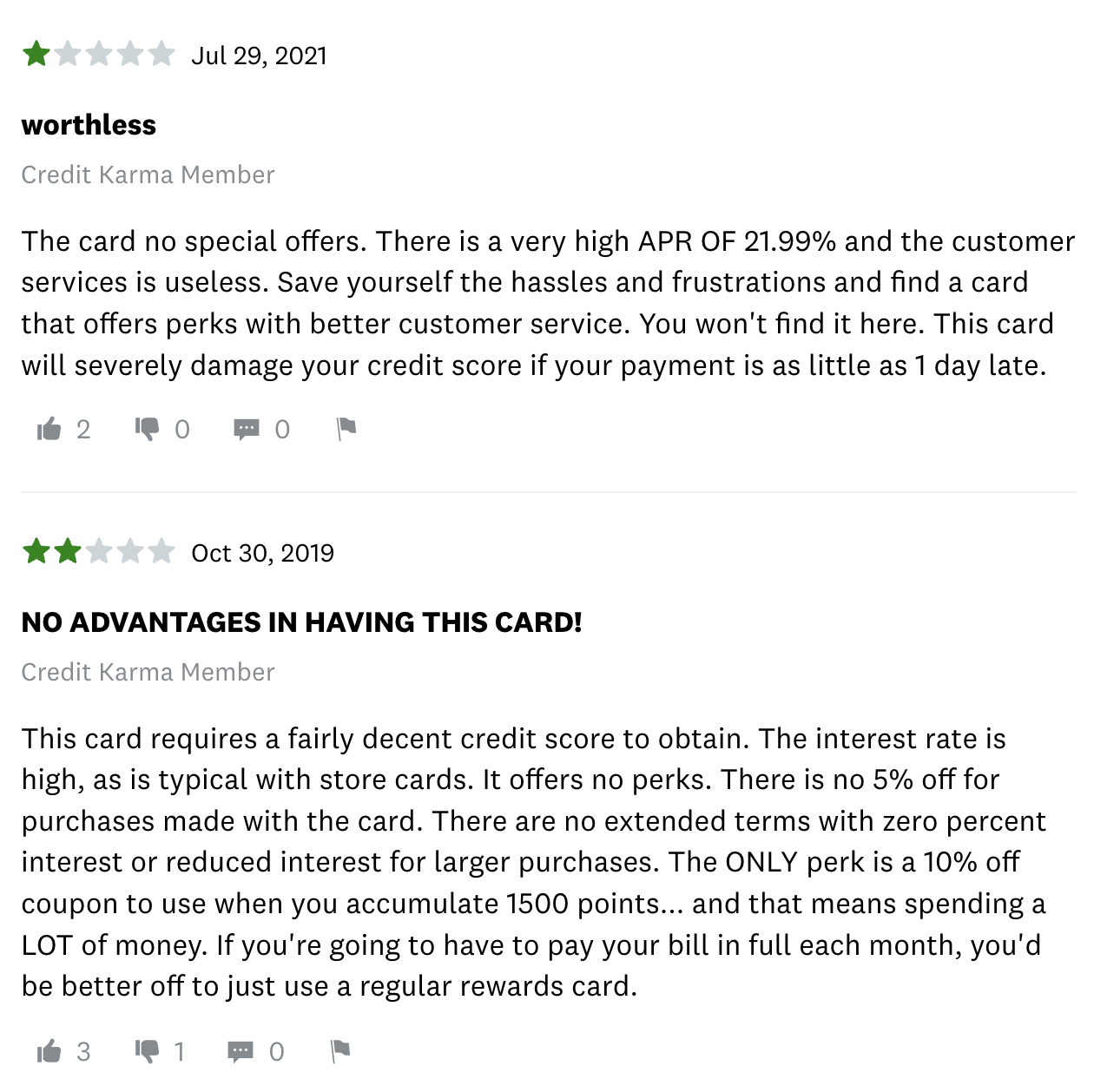 Why Large Rewards Program Fail–A screenshot of two reviews of Dillard’s rewards program credit card. The first review has 1 star and is titled, “Worthless”. The second review has 2 stars and is titled, “No advantages in having this card!”