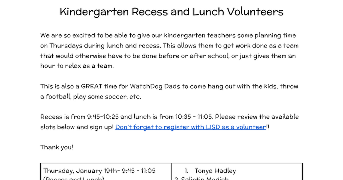 Recess and Lunch Sign Up