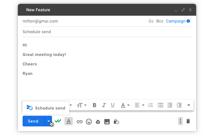 Click in the arrow besides Gmail “Send” button to schedule an email in Gmail
