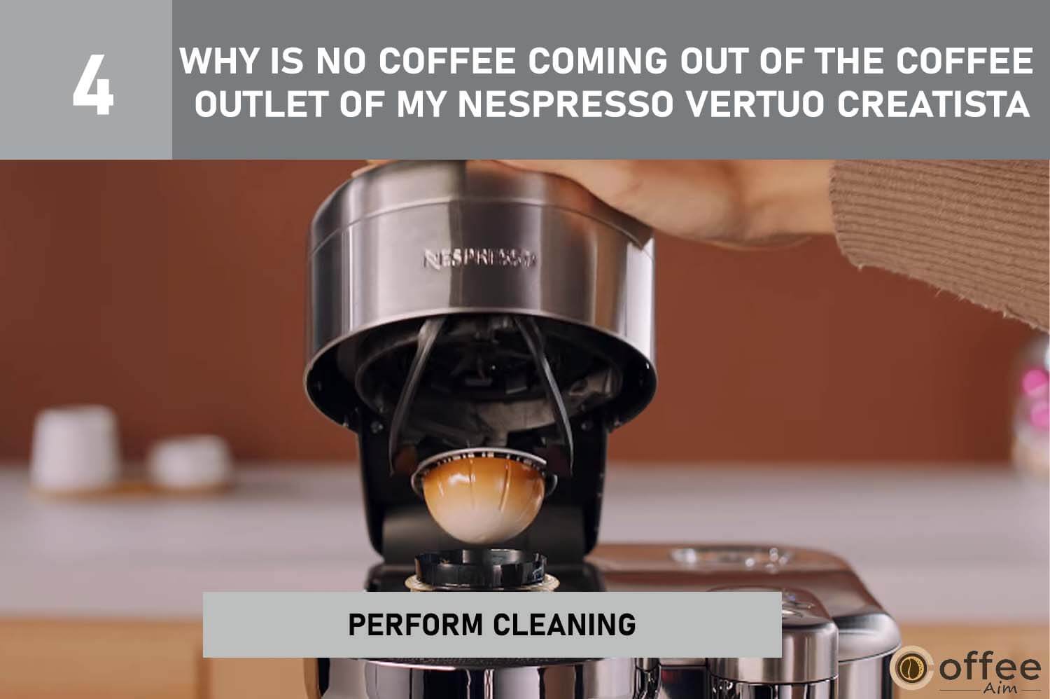 The image shows how to clean the Nespresso Vertuo Creatista coffee outlet, crucial for fixing it. 