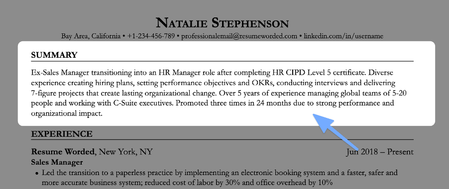 Example of a career changer opening statement on a resume