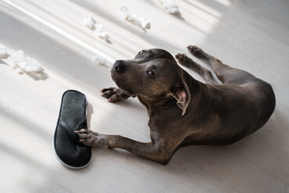 Dog chewing shoe