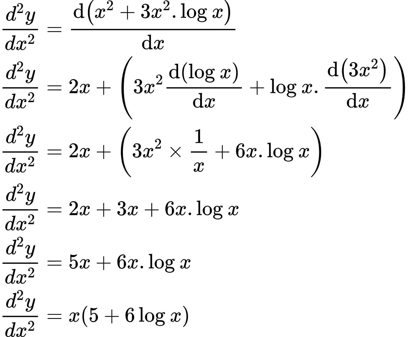 {"code":"\\begin{align*}\n{\\frac{d^{2}y}{dx^{2}}}&={\\diff{\\left(x^{2}+3x^{2}.\\log_{}x\\right)}{x}}\\\\\n{\\frac{d^{2}y}{dx^{2}}}&={2x+\\left(3x^{2}\\diff{\\left(\\log_{}x\\right)}{x}+\\log_{}x.\\diff{\\left(3x^{2}\\right)}{x}\\right)}\\\\\n{\\frac{d^{2}y}{dx^{2}}}&={2x+\\left(3x^{2}\\times\\frac{1}{x}+6x.\\log_{}x\\right)}\\\\\n{\\frac{d^{2}y}{dx^{2}}}&={2x+3x+6x.\\log_{}x}\\\\\n{\\frac{d^{2}y}{dx^{2}}}&={5x+6x.\\log_{}x}\\\\\n{\\frac{d^{2}y}{dx^{2}}}&={x\\left(5+6\\log_{}x\\right)}\t\n\\end{align*}","type":"align*","font":{"size":10,"family":"Arial","color":"#000000"},"id":"2-1-0-1-1","ts":1598782031103,"cs":"YZhhCliUx+6B9ONVje3UWg==","size":{"width":309,"height":254}}