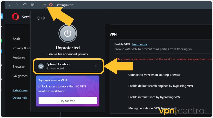 opera browser vpn optimal location