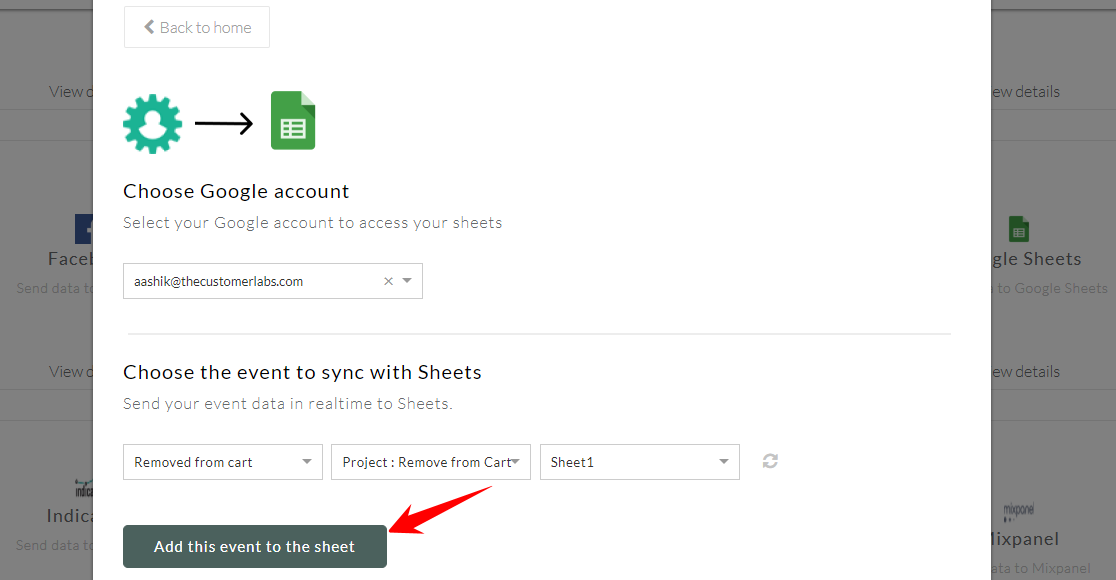 Adding the event to Google Sheets from CustomerLabs CDP 