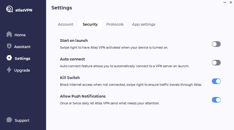 AtlasVPN kill switch settings