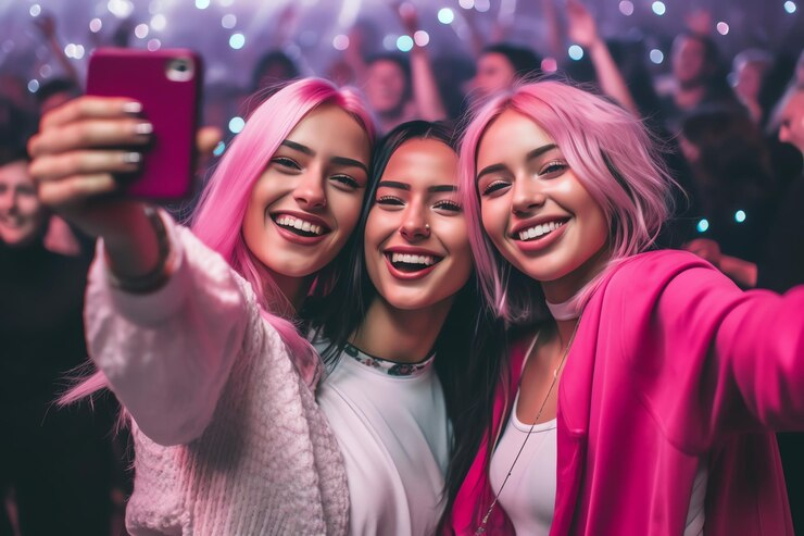 three girls making a selfie during a party 