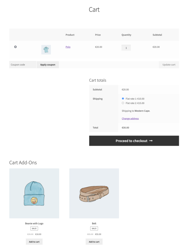 Showing related products in WooCommerce as Cart add-ons