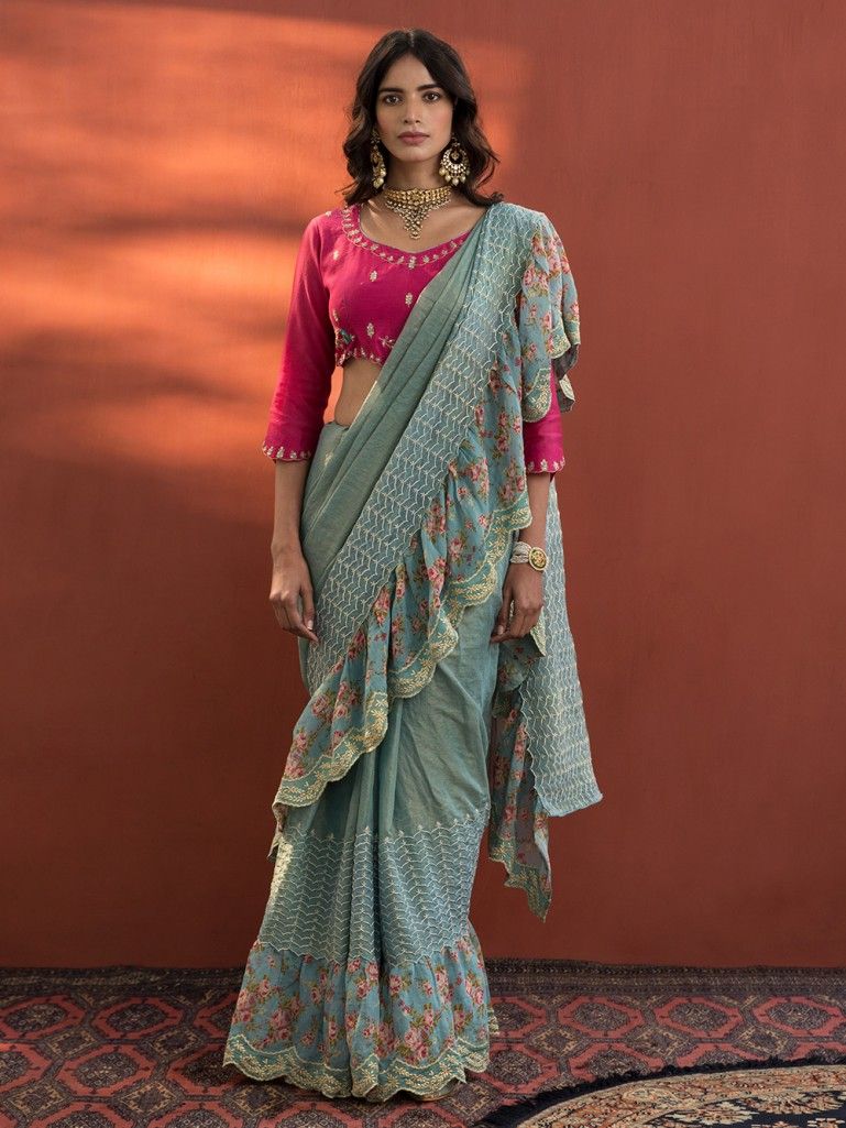 Blue-Embroidered-Printed-Chanderi-Saree-with-Pink-Blouse-and-Peticoat