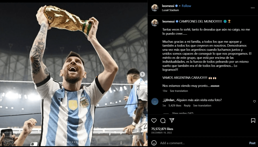 Instagram post av Messi - topp 10 mest likte post på Instagram igjennom tidene