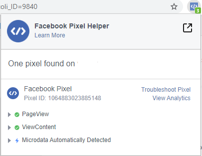 Come appare il Facebook Pixel Helper