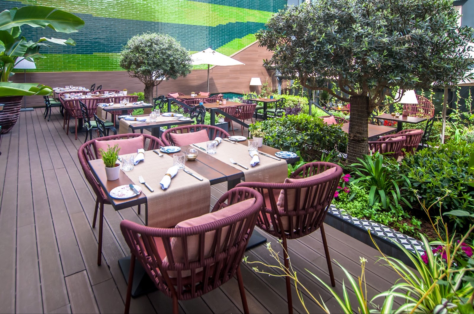 a tables and chairs outside with trees and plants