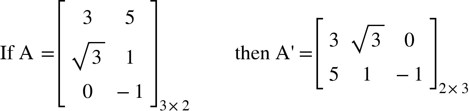 <math xmlns="http://www.w3.org/1998/Math/MathML"><mi>If</mi><mo>&#xA0;</mo><mi mathvariant="normal">A</mi><mo>&#xA0;</mo><mo>=</mo><msub><mfenced open="[" close="]"><mtable><mtr><mtd><mn>3</mn></mtd><mtd><mn>5</mn></mtd></mtr><mtr><mtd><msqrt><mn>3</mn></msqrt></mtd><mtd><mn>1</mn></mtd></mtr><mtr><mtd><mn>0</mn></mtd><mtd><mo>-</mo><mn>1</mn></mtd></mtr></mtable></mfenced><mrow><mn>3</mn><mo>&#xD7;</mo><mn>2</mn></mrow></msub><mo>&#xA0;</mo><mo>&#xA0;</mo><mo>&#xA0;</mo><mo>&#xA0;</mo><mo>&#xA0;</mo><mo>&#xA0;</mo><mo>&#xA0;</mo><mo>&#xA0;</mo><mo>&#xA0;</mo><mi>then</mi><mo>&#xA0;</mo><mi mathvariant="normal">A</mi><mo>'</mo><mo>=</mo><msub><mfenced open="[" close="]"><mtable><mtr><mtd><mn>3</mn></mtd><mtd><msqrt><mn>3</mn></msqrt></mtd><mtd><mn>0</mn></mtd></mtr><mtr><mtd><mn>5</mn></mtd><mtd><mn>1</mn></mtd><mtd><mo>-</mo><mn>1</mn></mtd></mtr></mtable></mfenced><mrow><mn>2</mn><mo>&#xD7;</mo><mn>3</mn></mrow></msub></math>