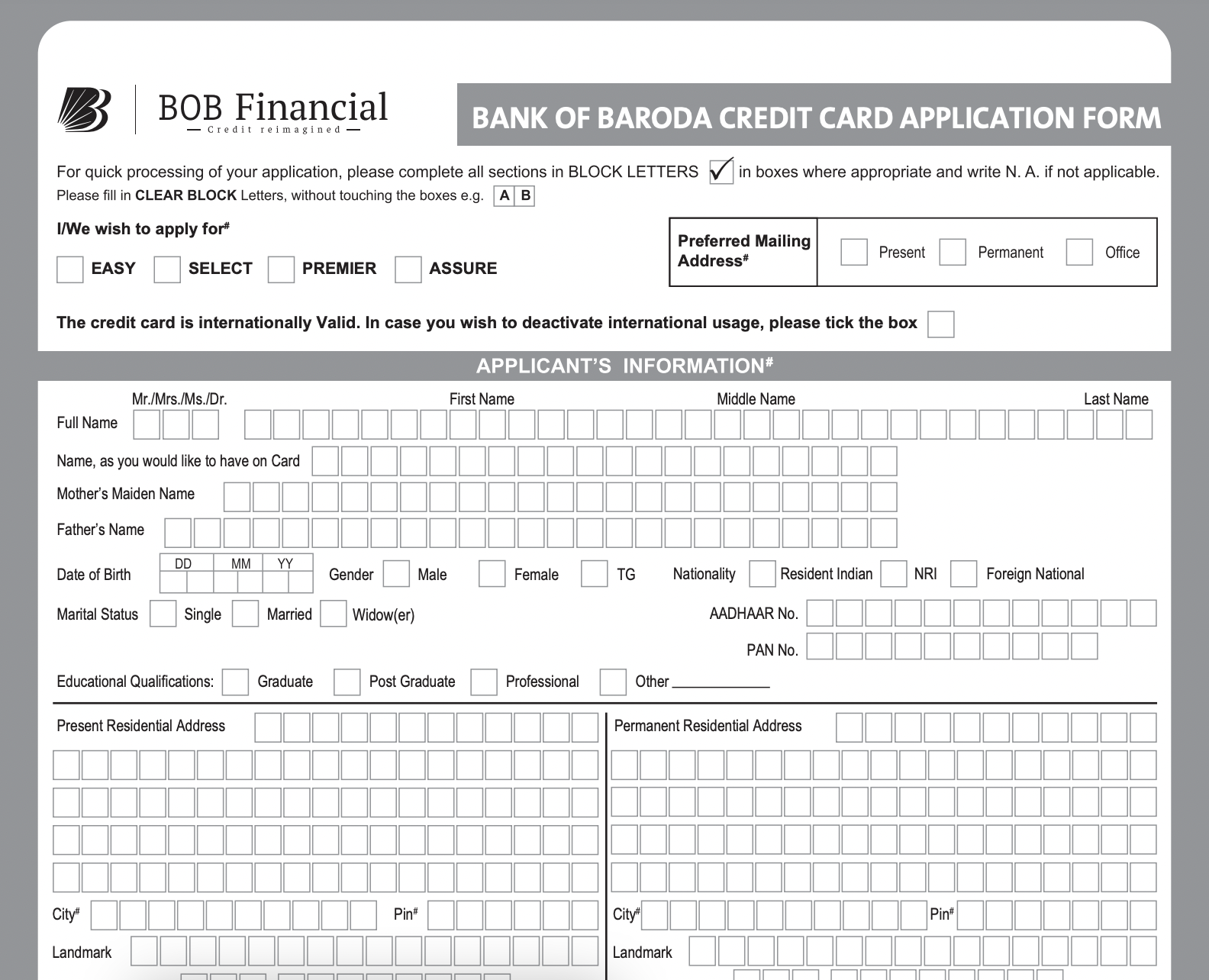 credit card application form pdf, Bank of Baroda