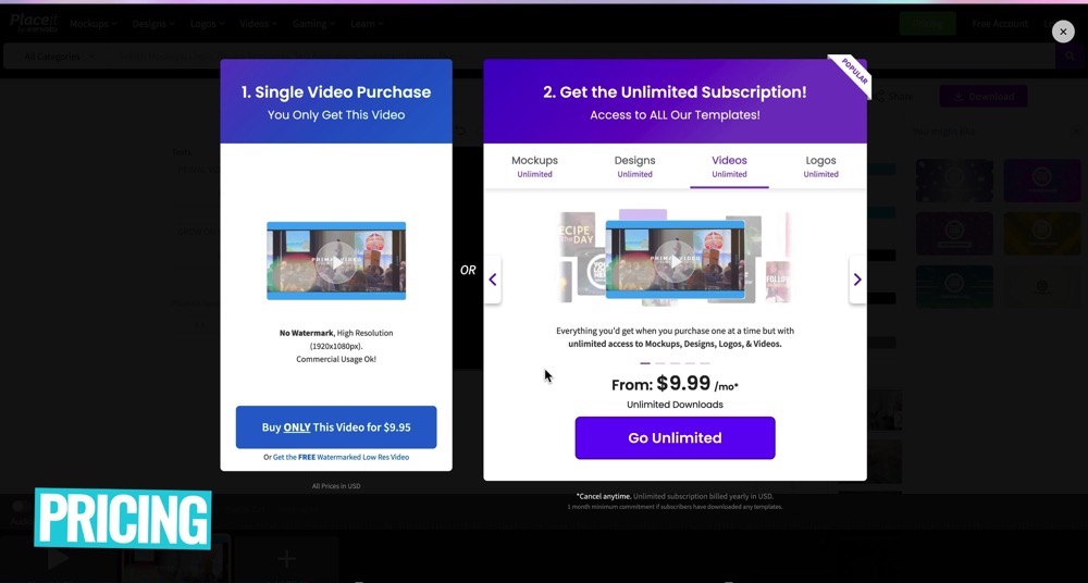 Placeit Pricing Plan with one time payment, free with watermark, and unlimited assets subscription