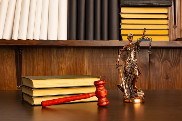 Image of a judge's gavel with law books on an old wooden table."