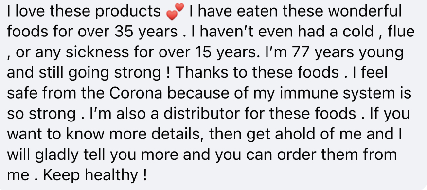 Facebook positive testimonial on Sunrider foods