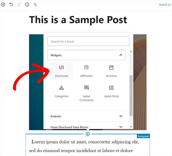 Bloco de código de acesso no Editor Gutenberg
