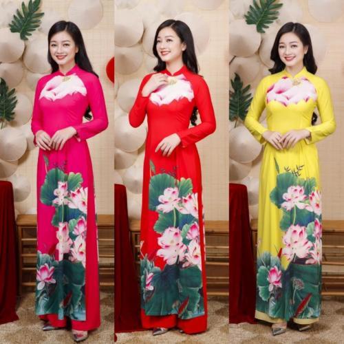 Set áo dài truyên thống lụa nhật in hoa sen cao cấp AV315