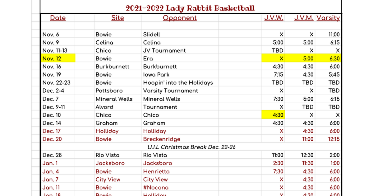 21-22 Lady Rabbit Basketball Schedule