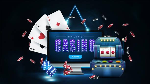 Online casino, banner with monitor, slot machine, poker chips and playing cards in dark scene with blue neon triangle border on background Online casino, banner with monitor, slot machine, poker chips and playing cards in dark scene with blue neon triangle border on background DESKTOP casino stock illustrations