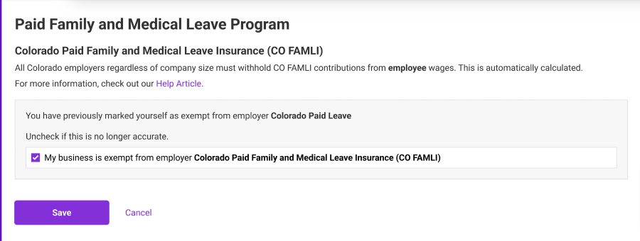 Colorado Paid Family and Medical Leave Program page in Patriot Payroll: Changing exemption