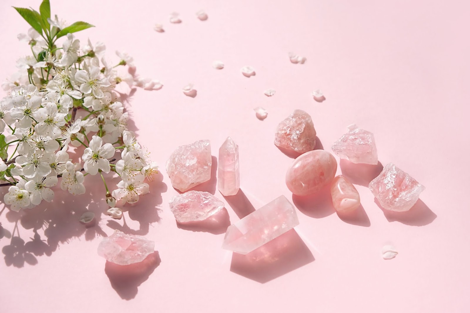 Pink rose quartz crystals next to a bunch of white flowers.