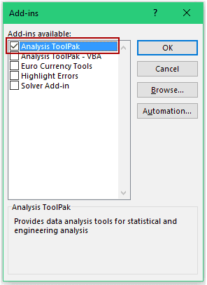 Histogram in Excel - Addins dialog box