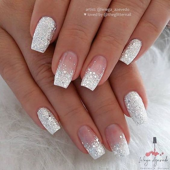 glittery silver nails for wedding bride