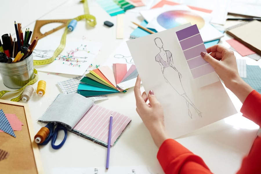 Fashion design workstation with a variety of tools and materials, featuring a hand holding a clothing design sketch with a color palette