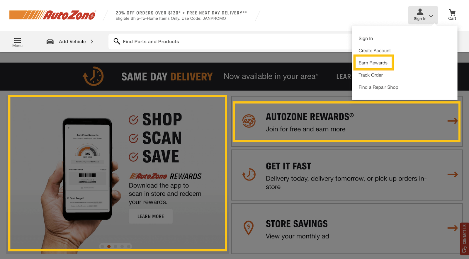 AutoZone Rewards Case Study–A screenshot of AutoZone’s homepage showing 3 different places where the AutoZone Rewards program is promoted. The first is an image of the AutoZone App, the second is a call-to-action that says “AutoZone Rewards. Join for free and earn more”, and the third is in a drop-down menu under the sign-in icon on the top right hand side of the page that says “Earn Rewards”. 