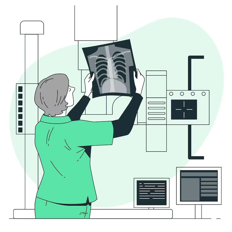 Illustration of radiography concept, showcasing X-ray machine and medical imaging equipment.