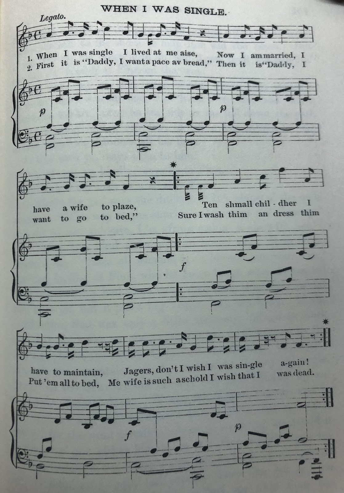 The sheet Music for a song entitled "When I was Single" that bemoans the married life. 