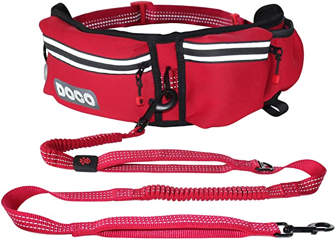 DOCO Hands Free Dog Leash for Running Walking Jogging, Training, Hiking, Retractable Bungee Dog Waist Leash for Medium-Large Dogs. Adjustable Waist Belt, Reflective Stitches, Dual Handle
