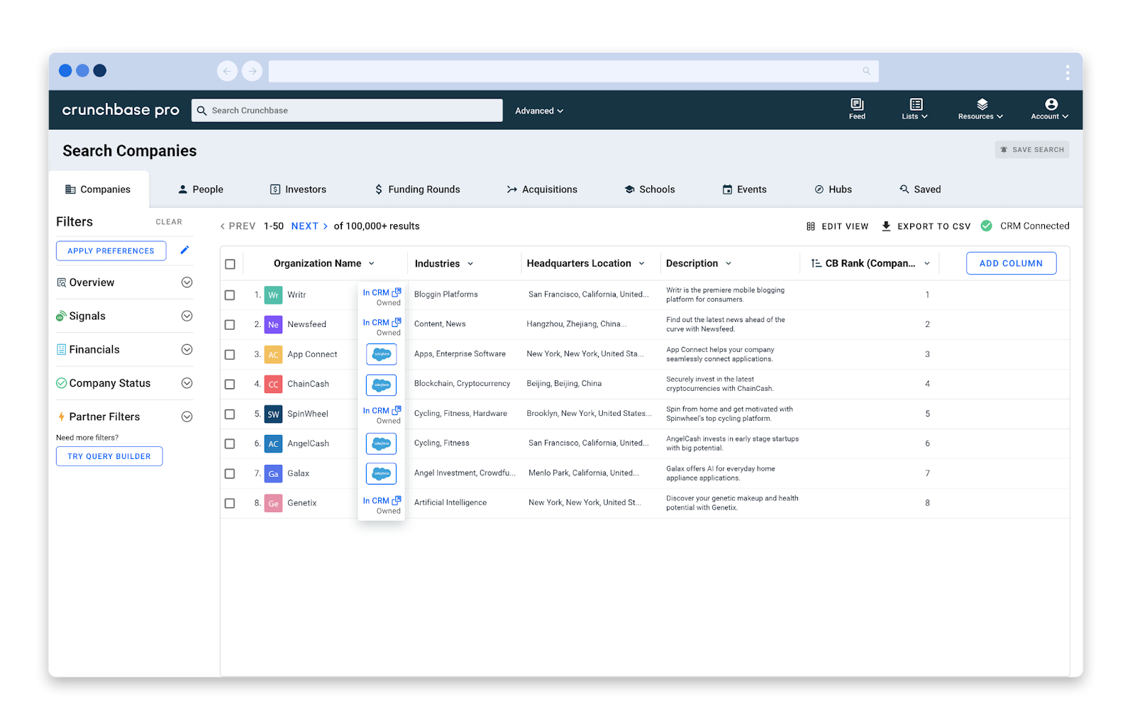 Cruncbase search filters with salesforce connected for creating ICP
