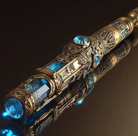 Steampunk lightsaber with blue gem engraving