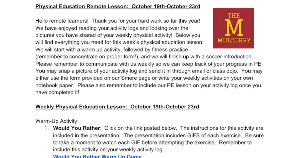 Remote Lesson October 19th-October 23rd