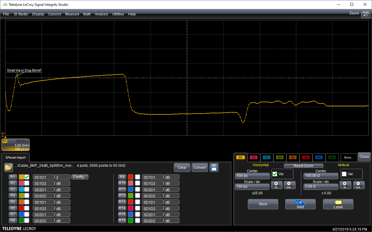 Teledyne LeCroy Signal Integrity Studio interface with Intel’s backplane loaded, showing an impedance dip where the dog-bone connection is present