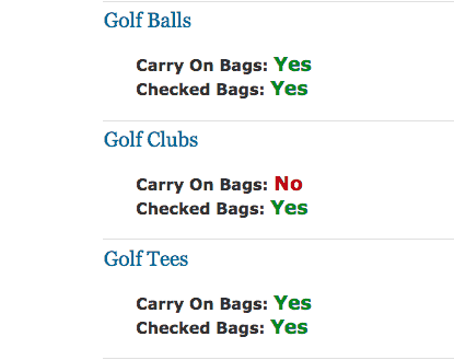 Table of golfing equipment and airplane status

Can you take golf clubs on a plane?