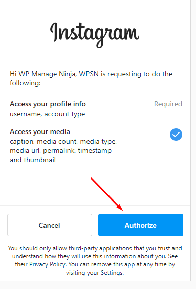 Authorize Instagram access token