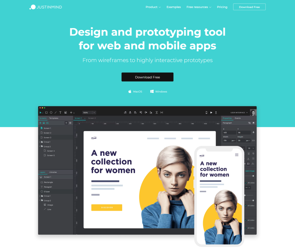 Page d'accueil de Justinmind, Outil de design et de prototypage pour le web et les applications mobiles