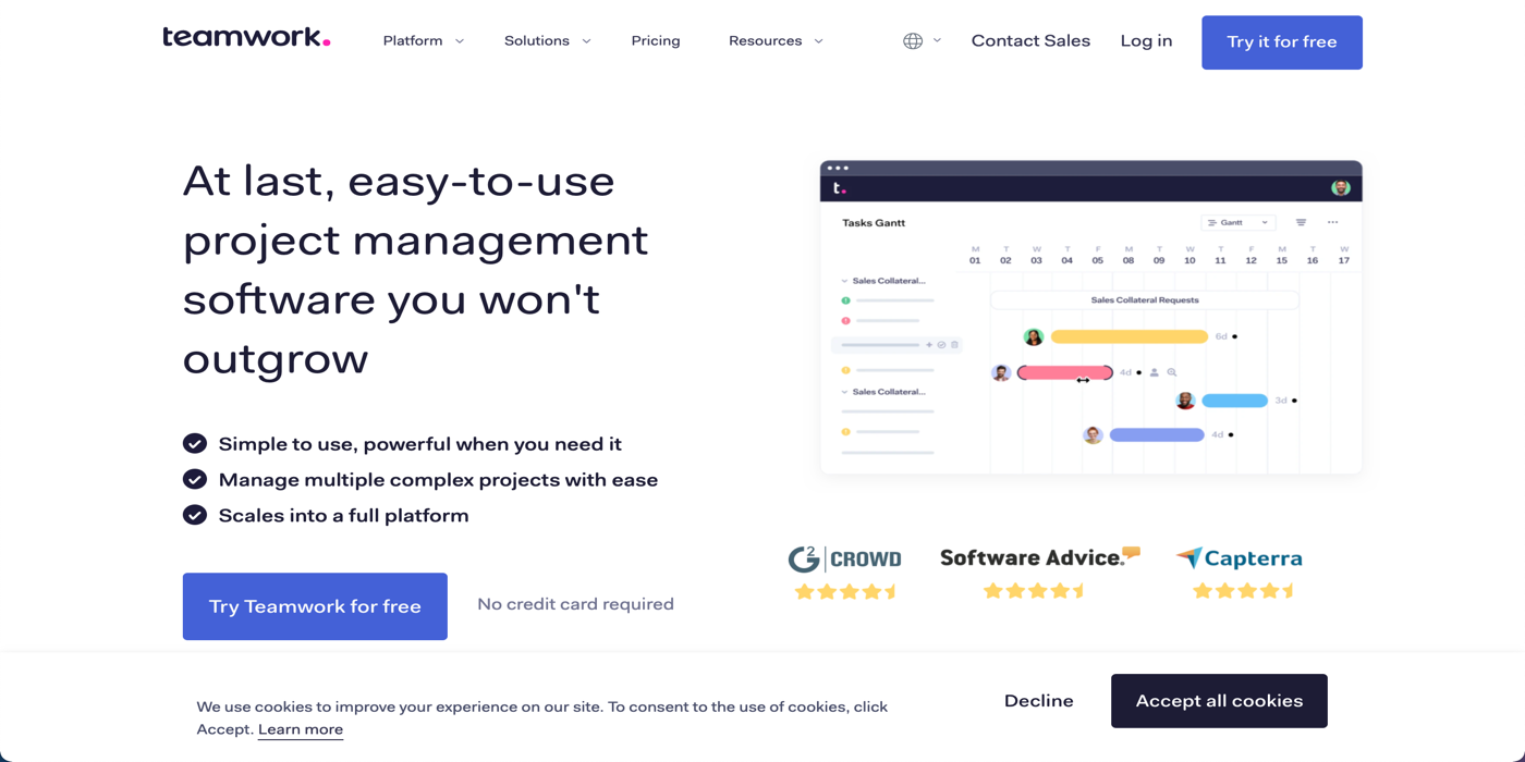 Teamwork homepage showcase - At last, easy-to-use project management software you won't outgrow