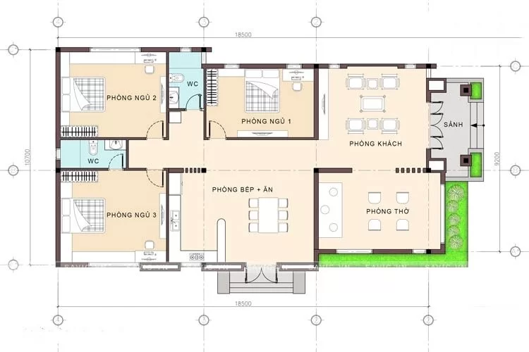 Bản vẽ nhà cấp 4 3 phòng ngủ có phòng thờ