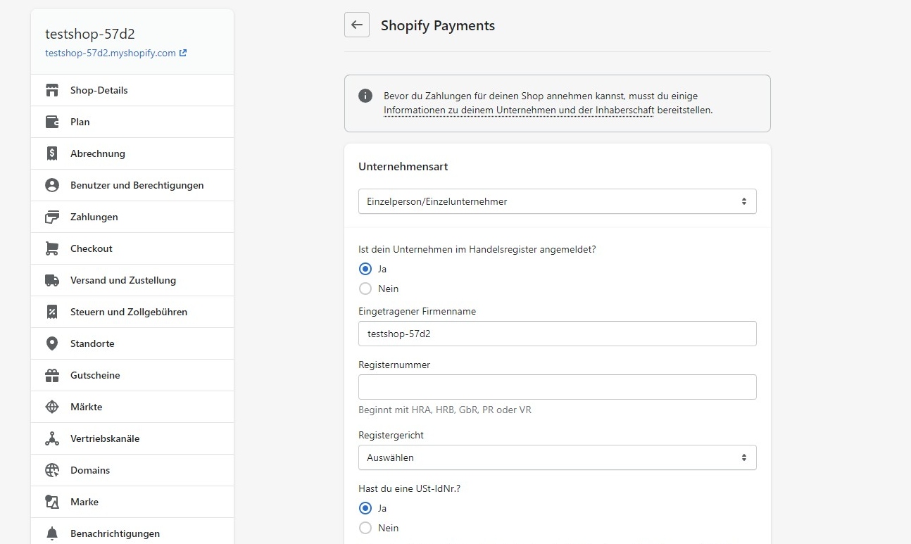 Shopify Payments einrichten Schritt 2